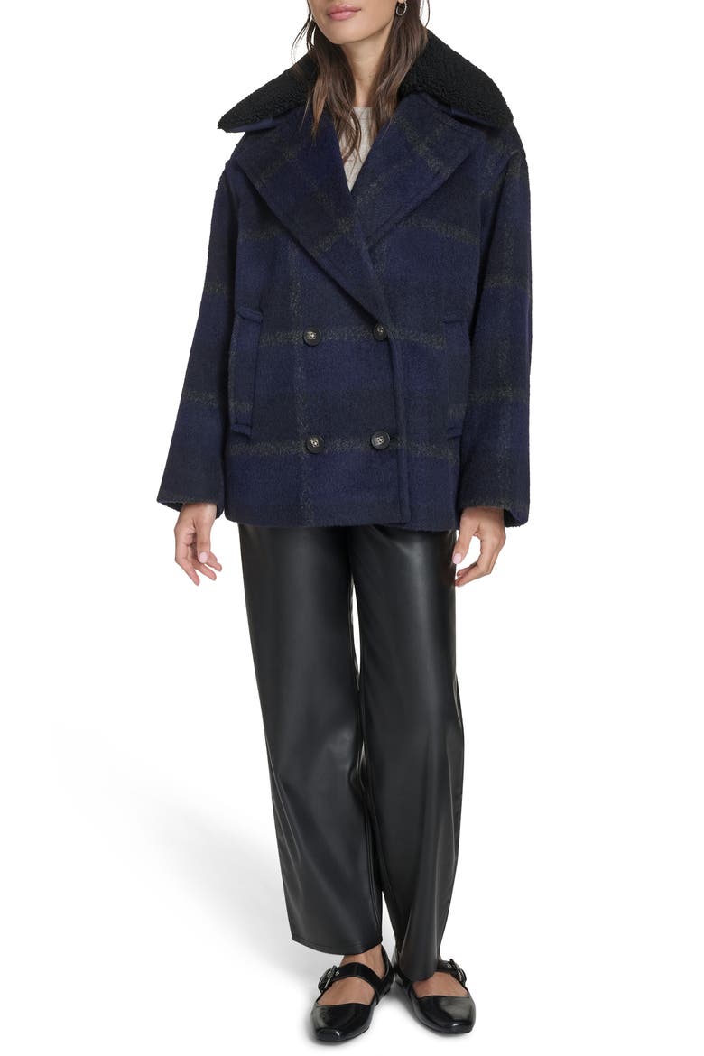 Plaid Short Peacoat with Removable Faux Shearling Collar, Alternate, color, NAVY PLAID