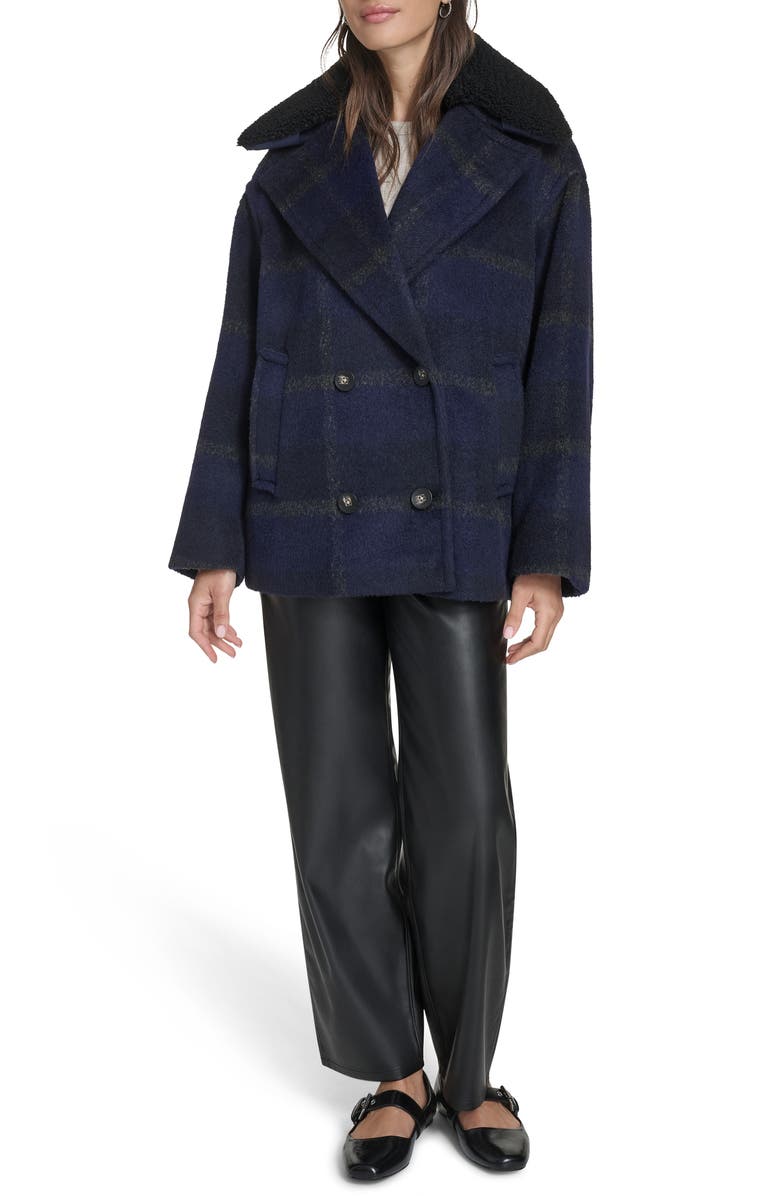 Levi
s Plaid Short Peacoat with Removable Faux Shearling Collar, Alternate, color, Navy Plaid