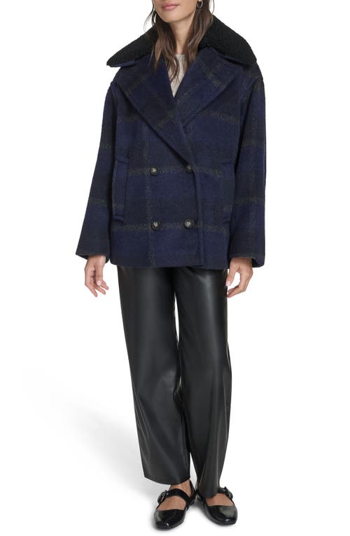 Levi's Plaid Short Peacoat With Removable Faux Shearling Collar In Blue