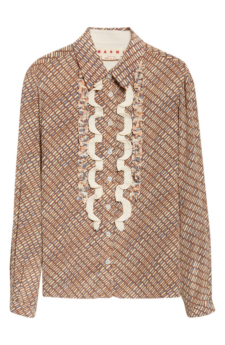 Marni Ruffle Appliqué Silk Crêpe de Chine Button-Up Shirt, Main, color, Brown/ Antique White