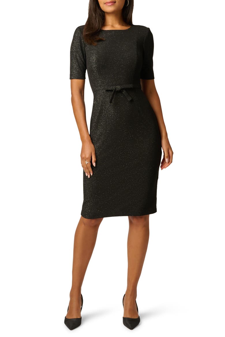 Stretch Shimmer Knit Bow Waist Sheath Dress, Main, color, BLACK