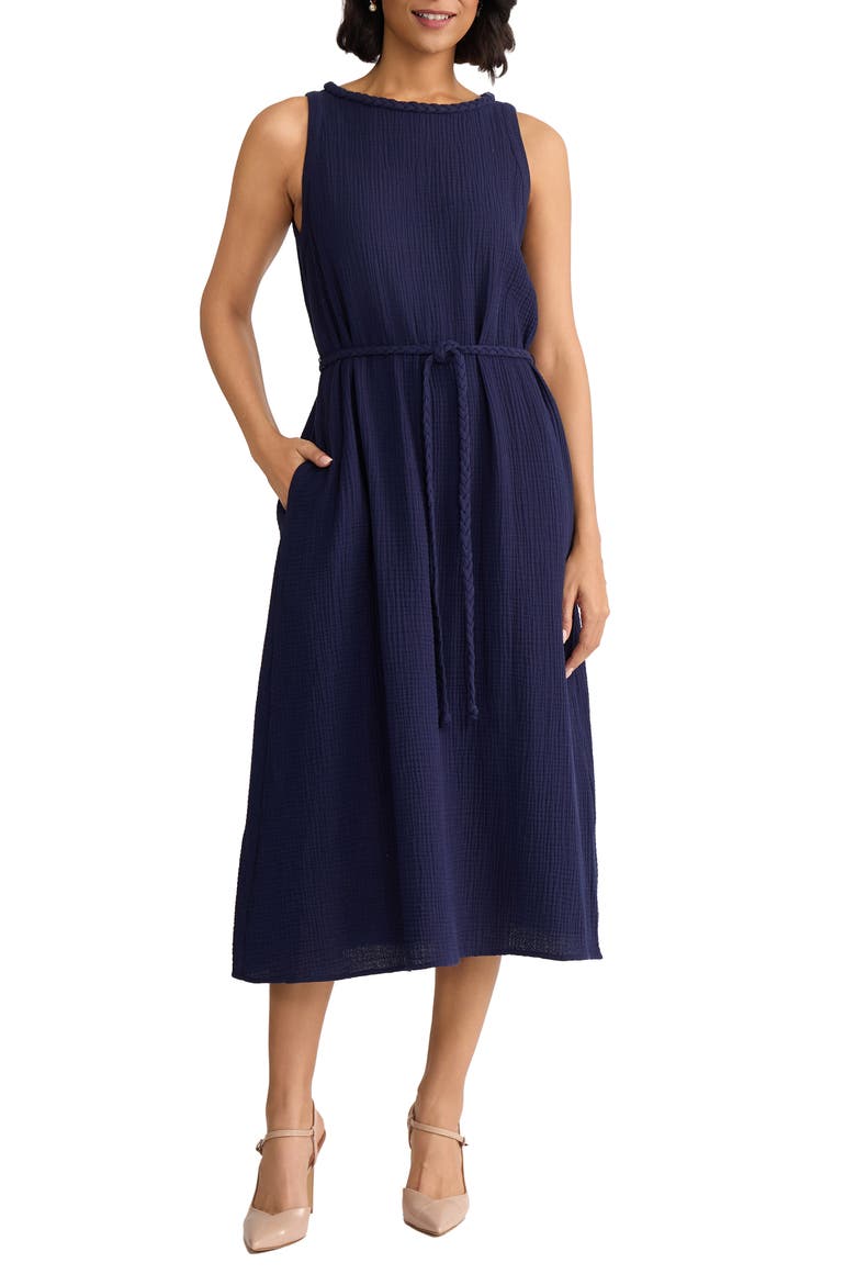 Belted Sleevless Midi Dress, Main, color, PACIFIC NAVY
