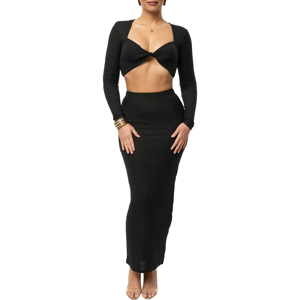 JLUXLABEL All About You Long Sleeve Crop Top & Skirt in Black  product