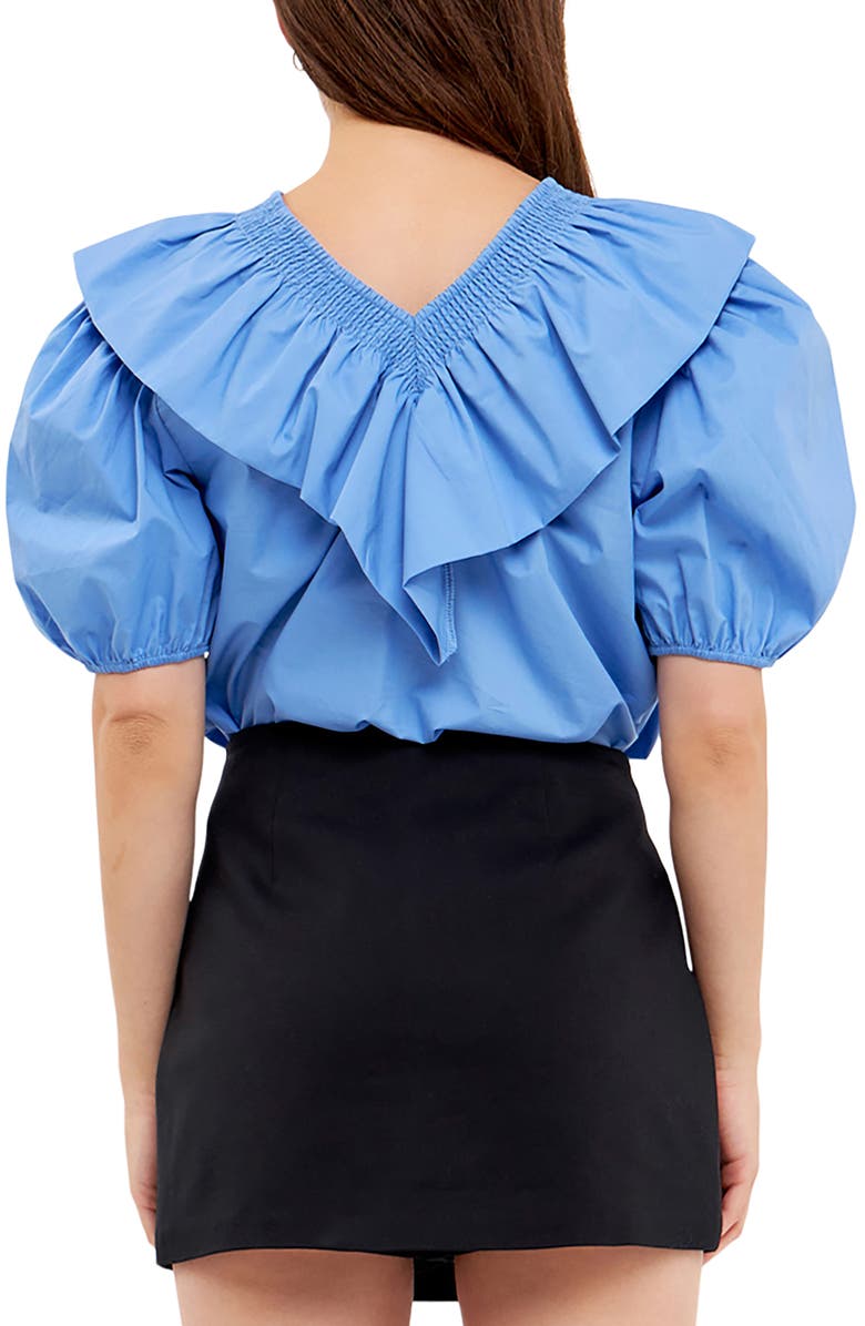 English Factory Smocked Ruffle Puff Sleeve Cotton Blouse, Alternate, color, Oxford Blue