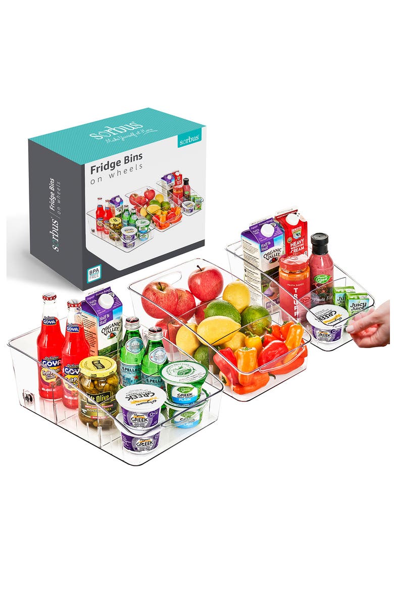 Set of 3 Rolling Fridge Bins, Main, color, CLEAR