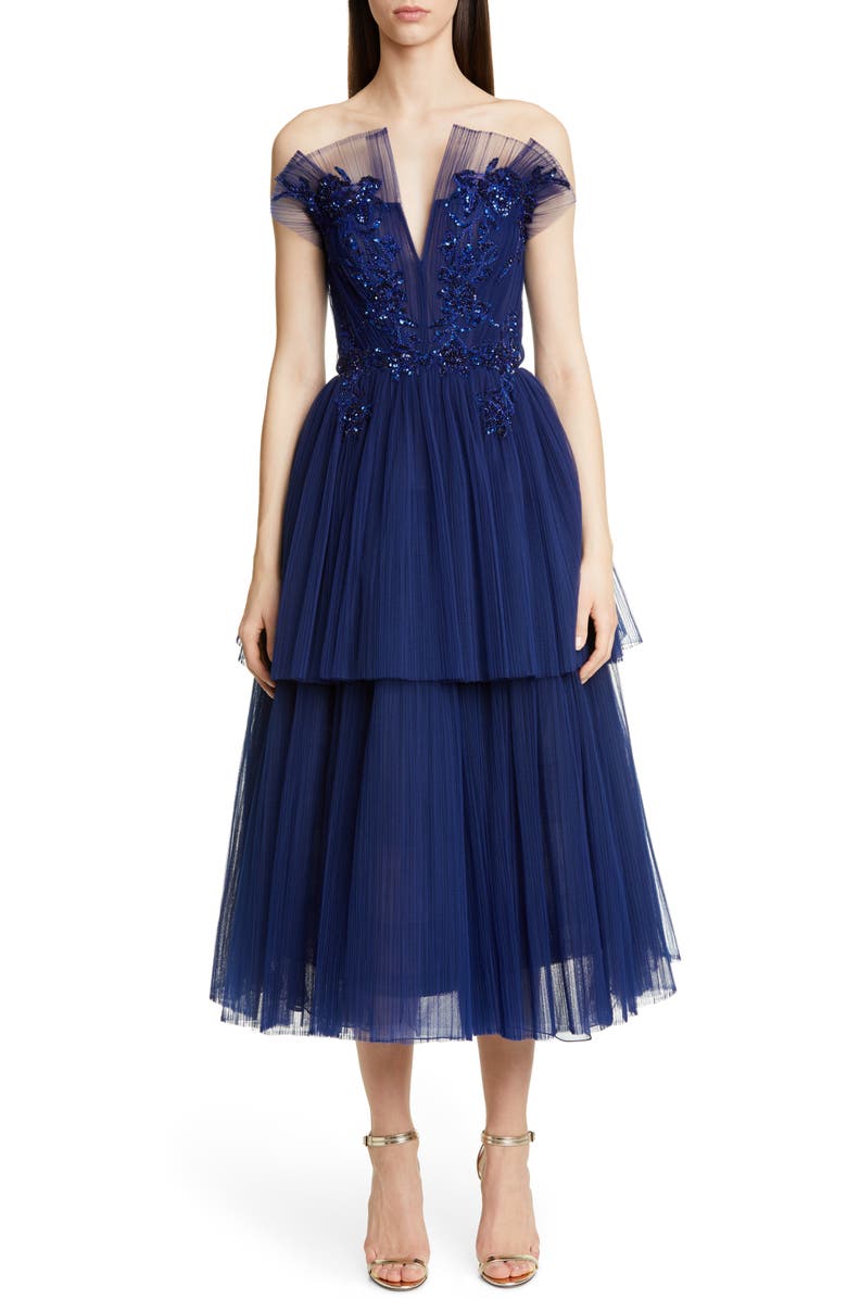 Pamella Roland Strapless Beaded Tulle Midi Dress, Main, color,