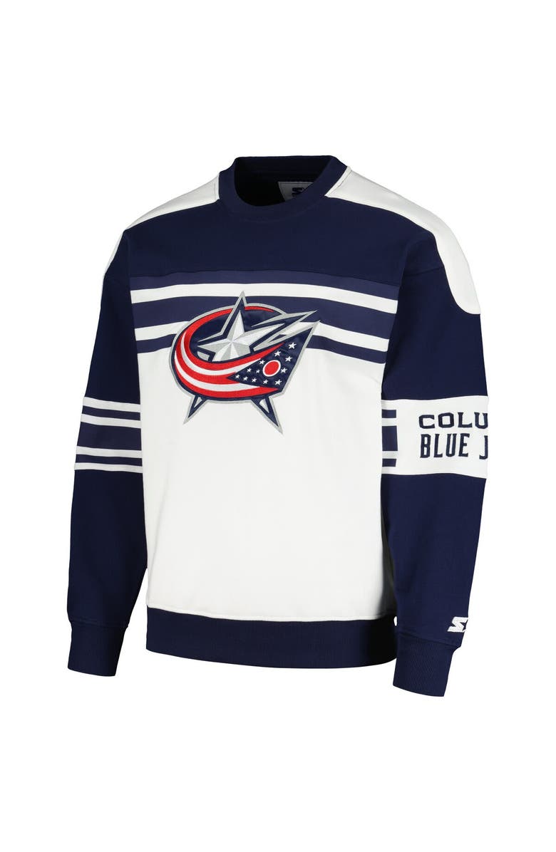 STARTER Men's Starter White Columbus Blue Jackets Defense Fleece Crewneck Pullover Sweatshirt, Alternate, color, White