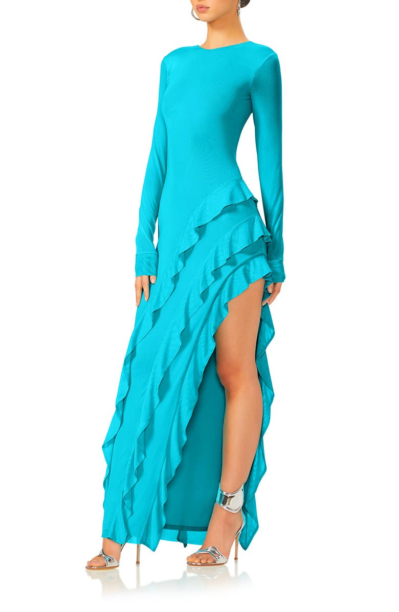 AFRM Jacie Ruffle Detail Open Back Long Sleeve Gown, Alternate, color, 