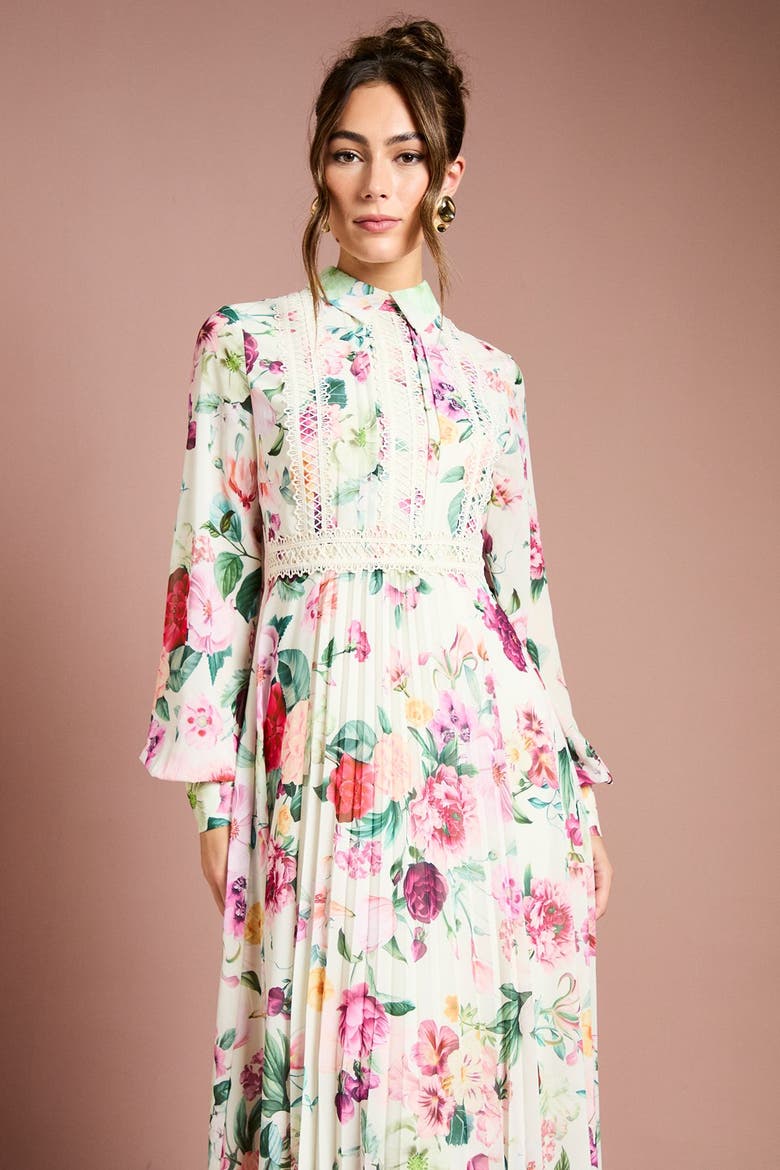Pleated Lace Trim Midi Dress, Alternate, color, Multi