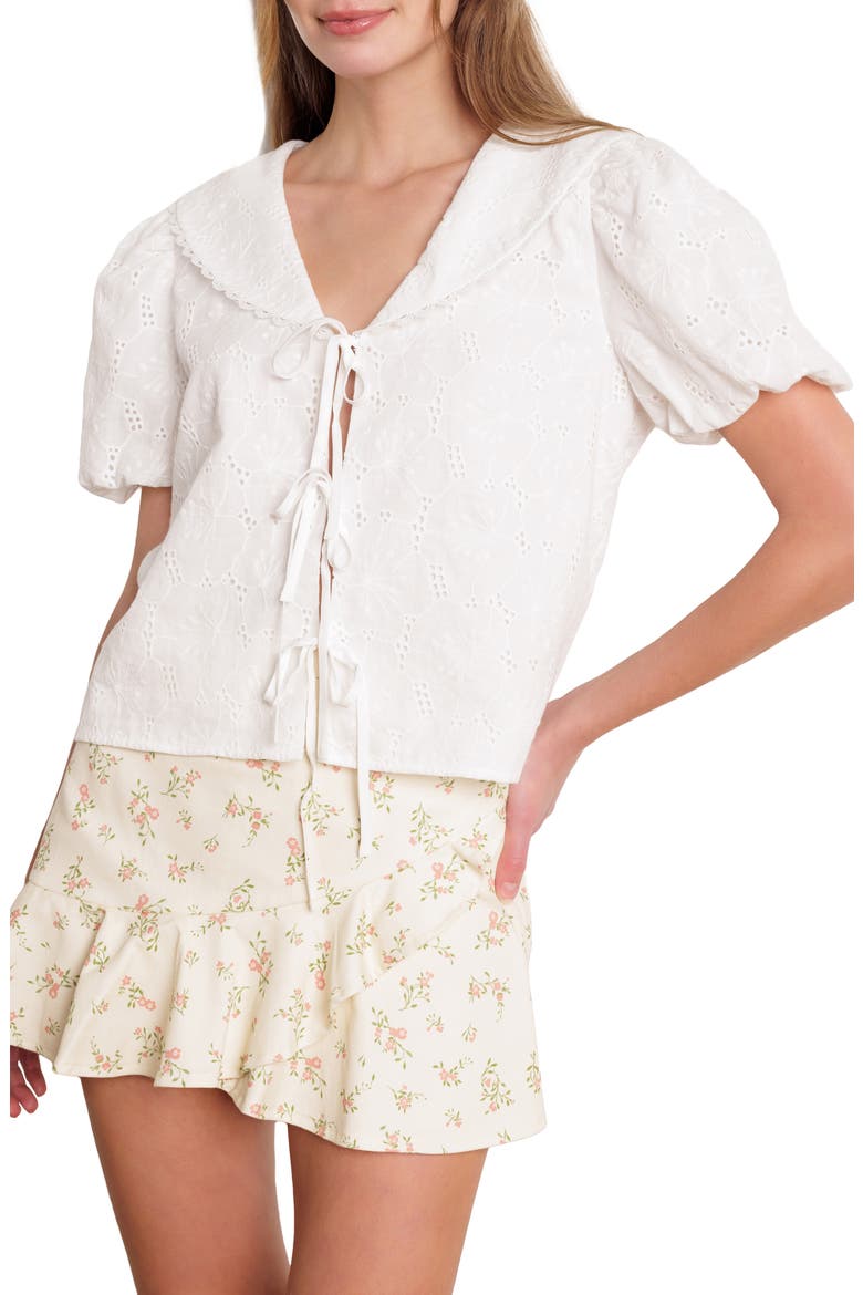 Tie Front Eyelet Top, Main, color, WHITE