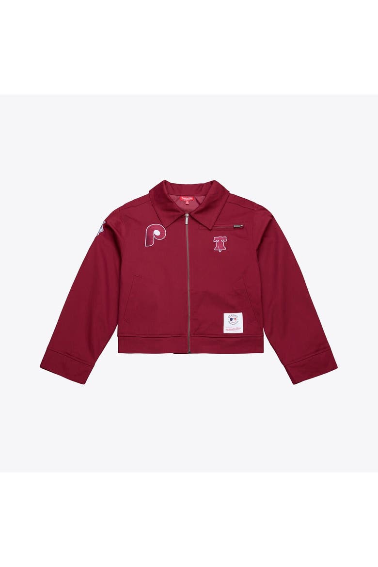 Women's Mitchell & Ness Burgundy Philadelphia Phillies Script Mechanic Cropped Full-Zip Jacket, Main, color, Burgundy