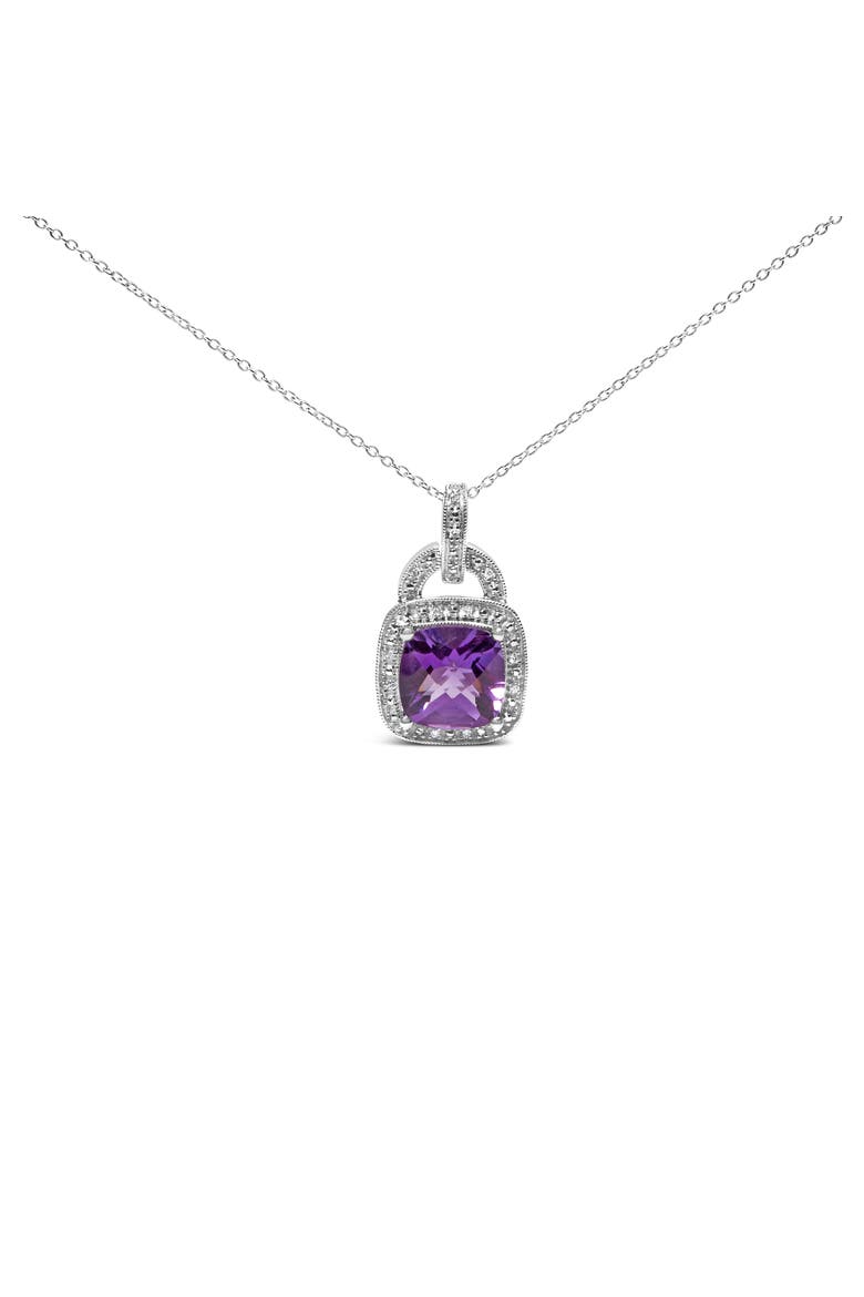 Silver 10X10 MM Cushion Purple Amethyst and Diamond Accent Halo Pendant Necklace, Main, color, White