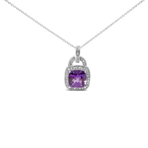 Silver 10X10 MM Cushion Purple Amethyst and Diamond Accent Halo Pendant Necklace