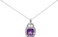 Haus of Brilliance Silver 10X10 MM Cushion Purple Amethyst and Diamond Accent Halo Pendant Necklace