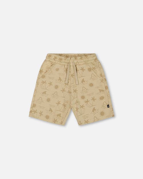 DEUX PAR DEUX DEUX PAR DEUX BOY'S PRINTED FRENCH TERRY SHORT BEIGE WITH PALM TREES 