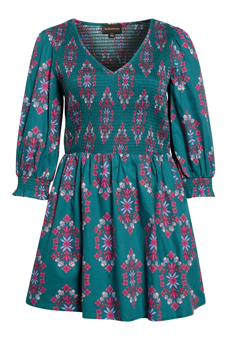 Isme Floral Smocked Cotton Fit & Flare Midi Dress, Alternate, color, TEAL-PINK