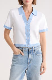 Ellen Tracy Stripe Lace Trim Short Sleeve Cardigan