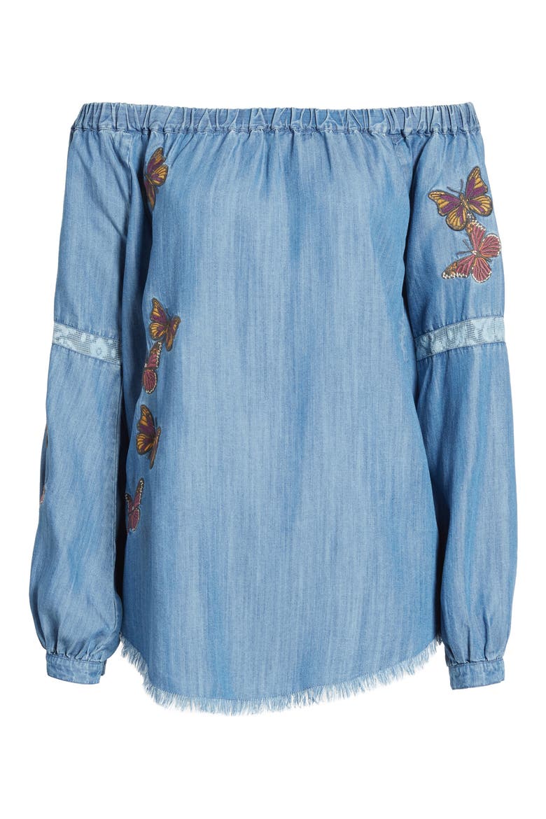 Embroidered Off the Shoulder Top, Alternate, color, BLUE BUTTERFLY