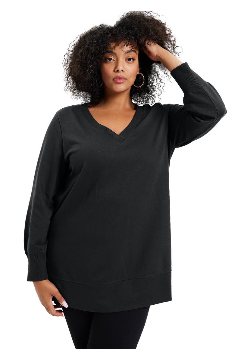 June + Vie V-Neck French Terry Sweatshirt, Main, color, Black