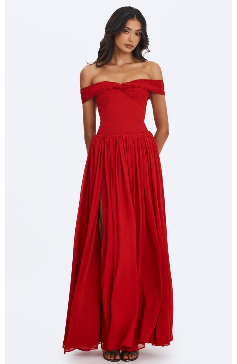 Miss Circle Tereza Georgette Bardot High-Slit Maxi Dress, Alternate, color, Red