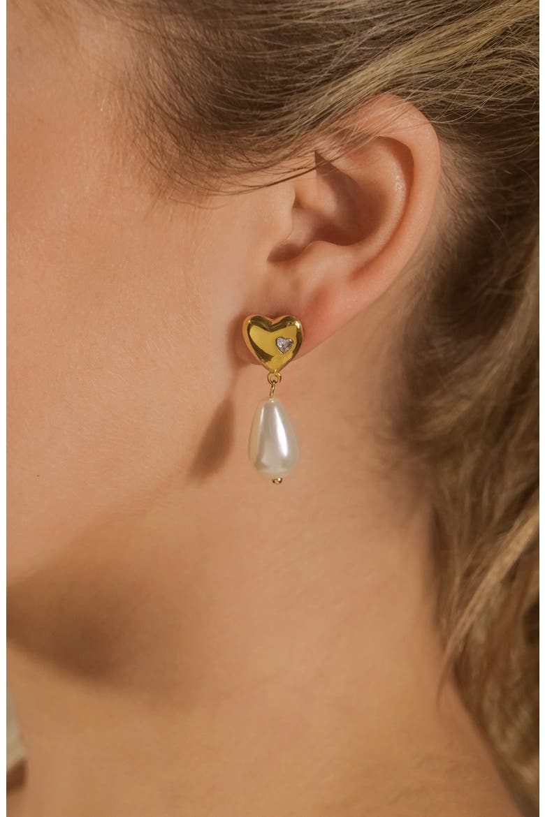 Josephine CZ Heart & Faux Pearl Drop Earrings, Alternate, color, GOLD