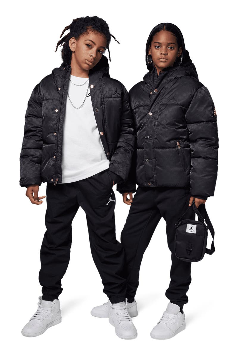 Jordan Kids' 23 Jacquard Quilted Hooded Puffer Jacket, Alternate, color, Black