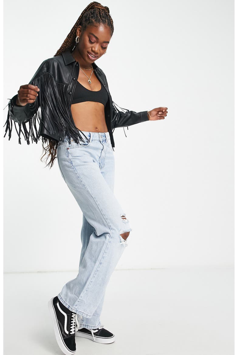 Fringe Crop Faux Leather Jacket, Alternate, color, BLACK
