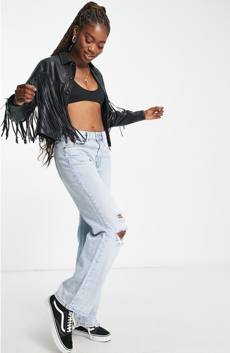 Miss Selfridge Fringe Crop Faux Leather Jacket, Alternate, color, 