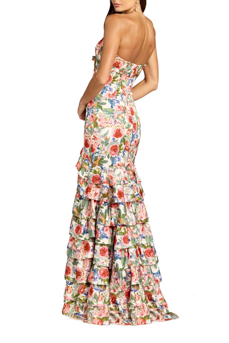 Strapless Floral Charmeuse Ruffle A Line Gown, Alternate, color, Ivory Multi