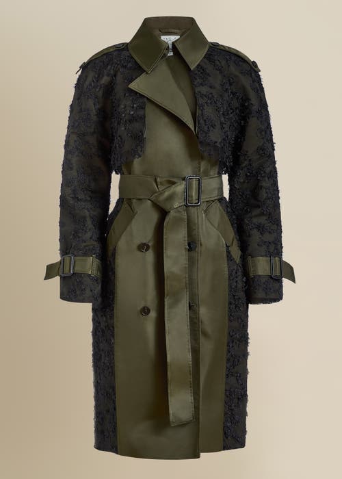 Contessa Mills Claw Lace-trimmed Elegant Cinched Trench Coat In Green