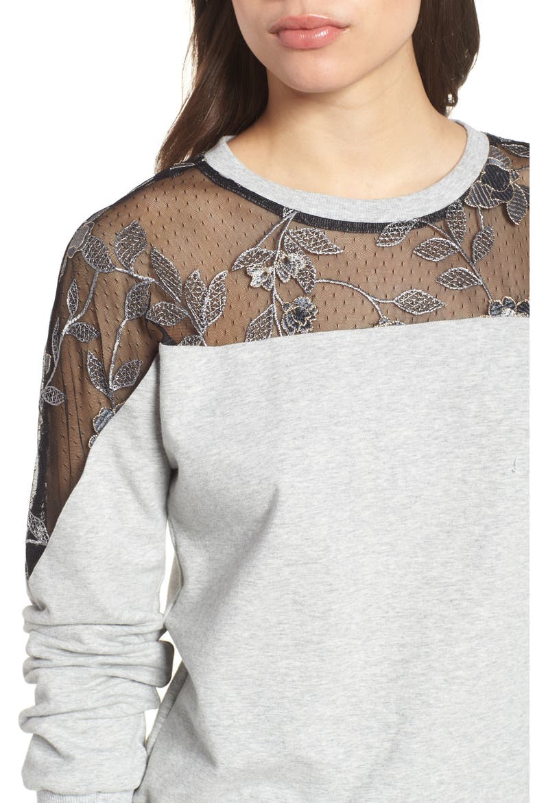 Embroidered Swiss Dot Panel Sweatshirt, Alternate, color, GREY HEATHER