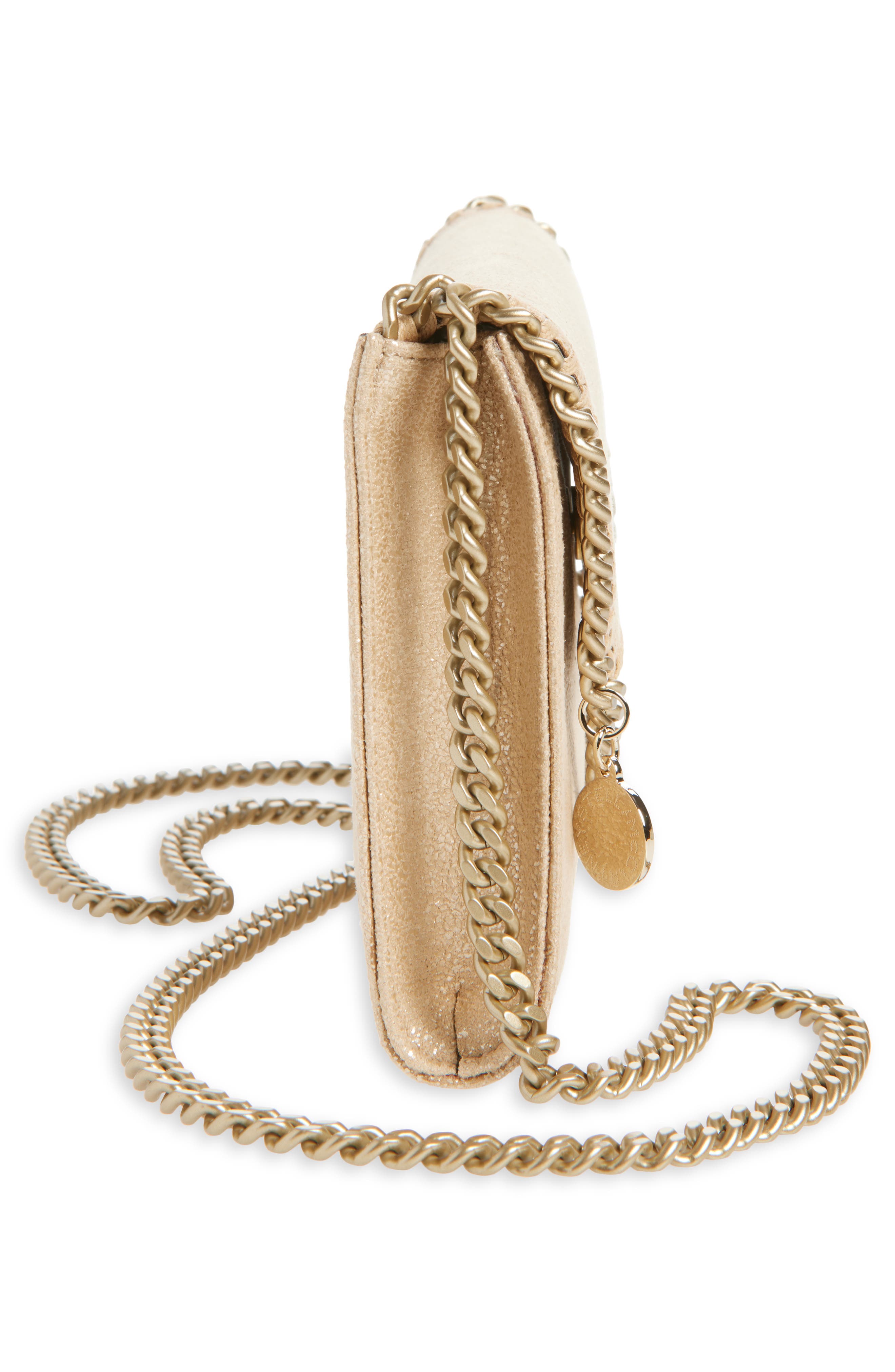 Falabella Shiny Dot Faux Leather Wallet on a Chain, Alternate, color, GOLD
