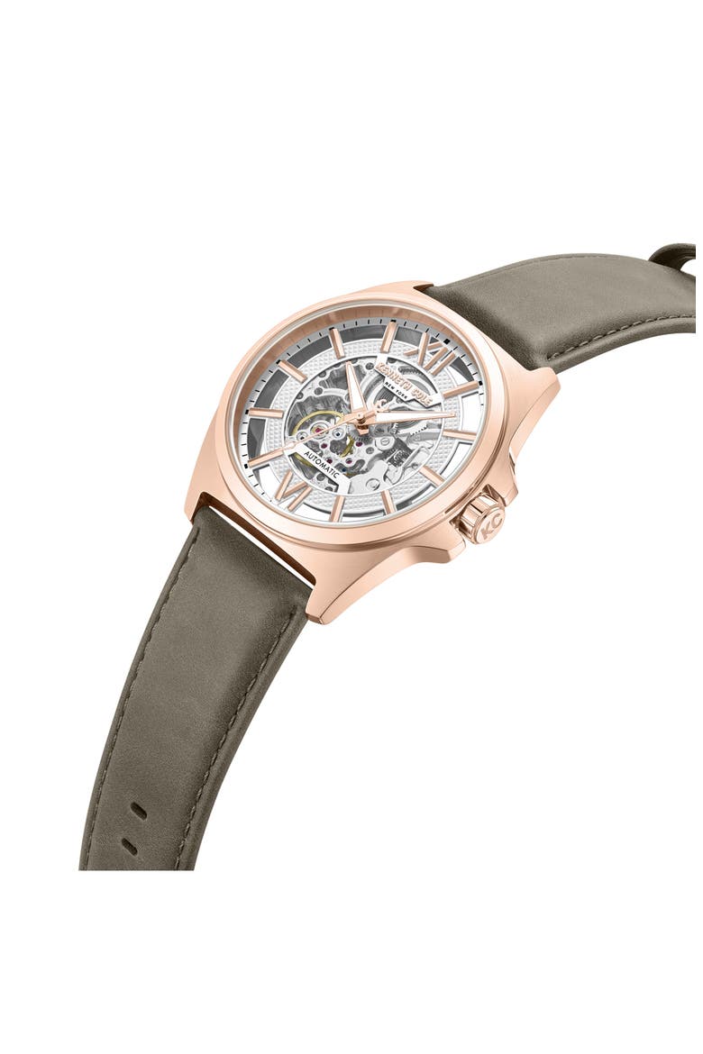 Skeleton Automatic Khaki Leather Strap Watch, 44mm, Alternate, color, KHAKI