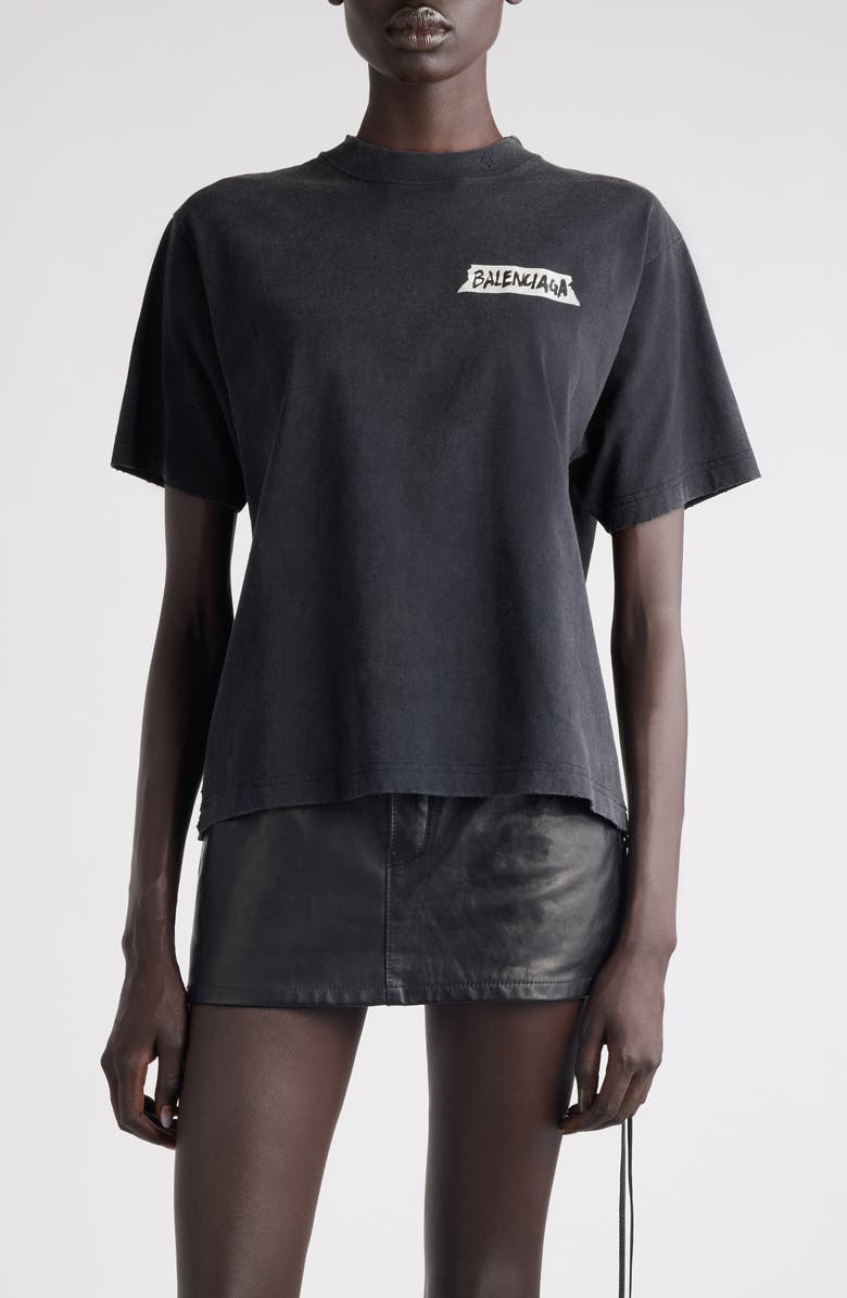 Balenciaga Medium Fit Masking Tape Logo Dry Jersey T-Shirt, Main, color, 1041 Faded Washed Black