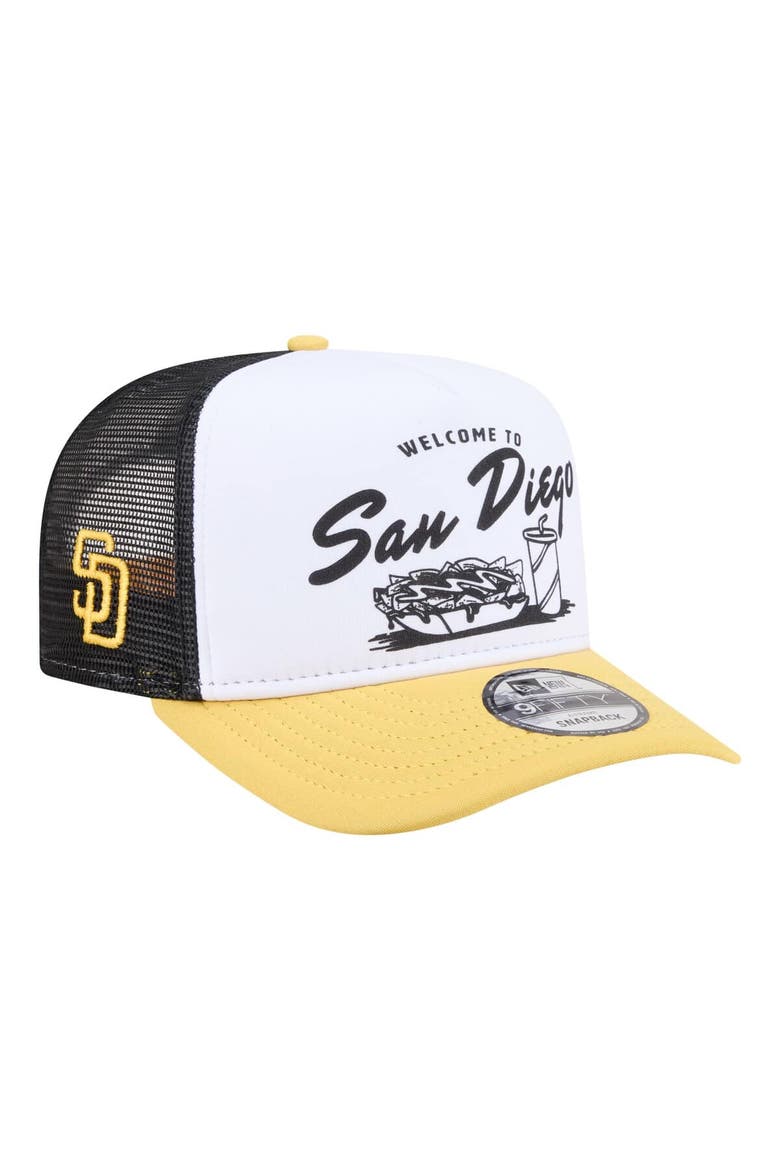 Men's New Era  White/Gold San Diego Padres Foodie A-Frame 9FIFTY Trucker Snapback Hat, Main, color, White