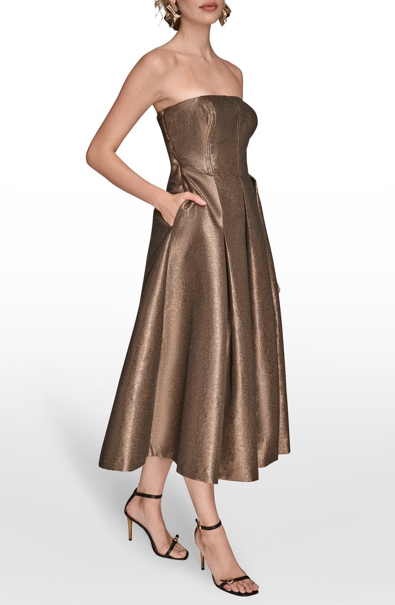 Donna Karan New York Metallic Pleated Strapless Fit & Flare Cocktail Dress, Alternate, color, Vicuna