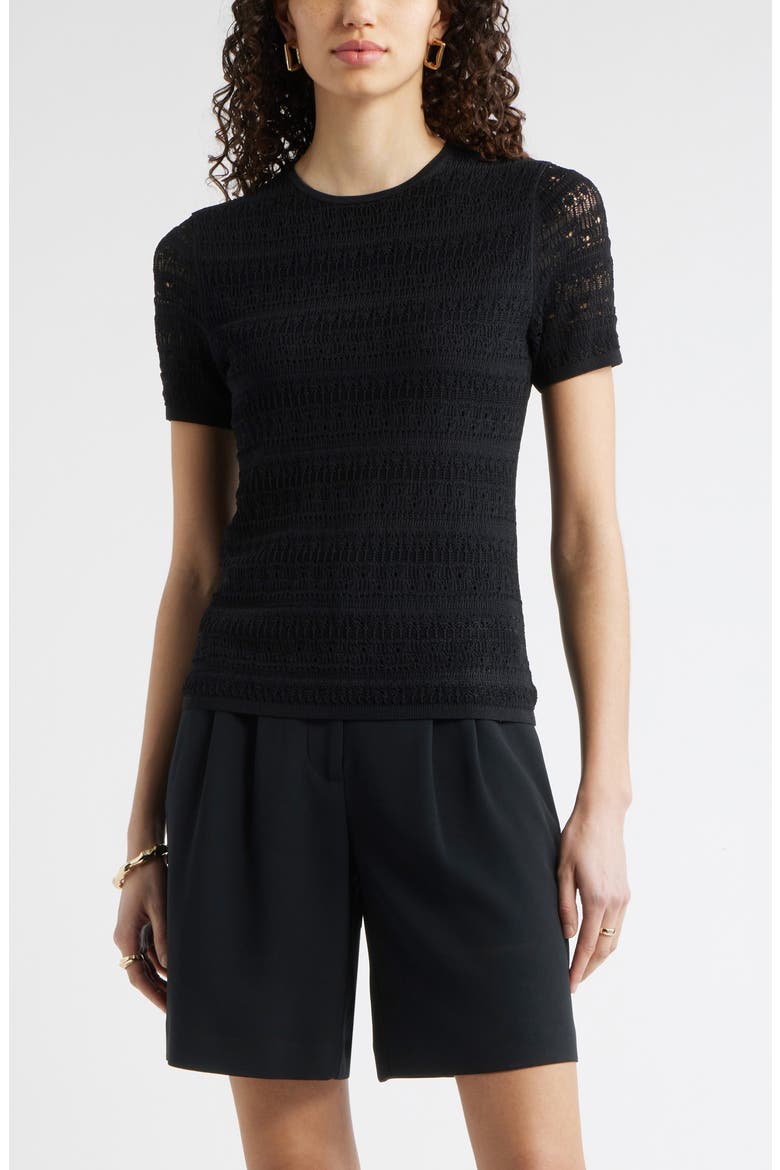 Pointelle Knit Crewneck Sweater, Main, color, BLACK