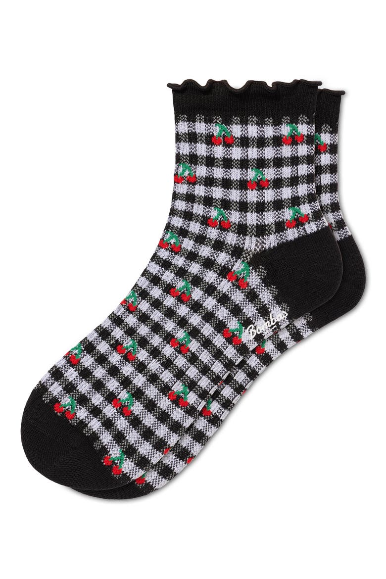 Gingham Cherries Frill Quarter Socks, Main, color, CHERRY GINGHAM