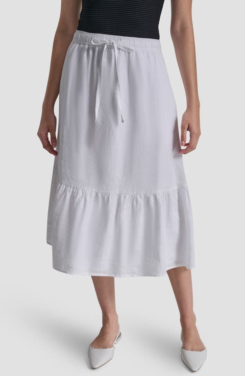 Drawstring Waist Linen Midi Skirt