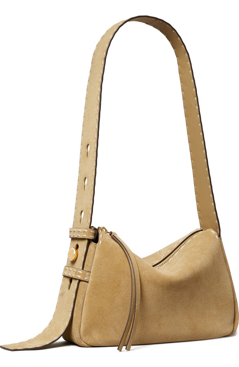 Tory Burch Romy Small Suede Shoulder Bag, Alternate, color, Butter