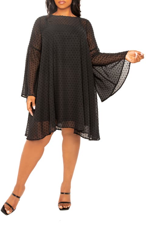 Swiss Dot Long Sleeve Chiffon Shift Dress (Plus)