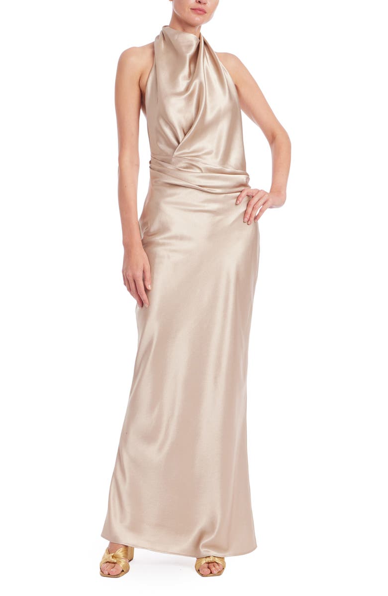 Jewel Badgley Mischka Cowl Halter Neck Metallic Satin Gown, Main, color, Sand