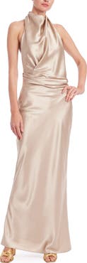 Jewel Badgley Mischka Cowl Halter Neck Metallic Satin Gown