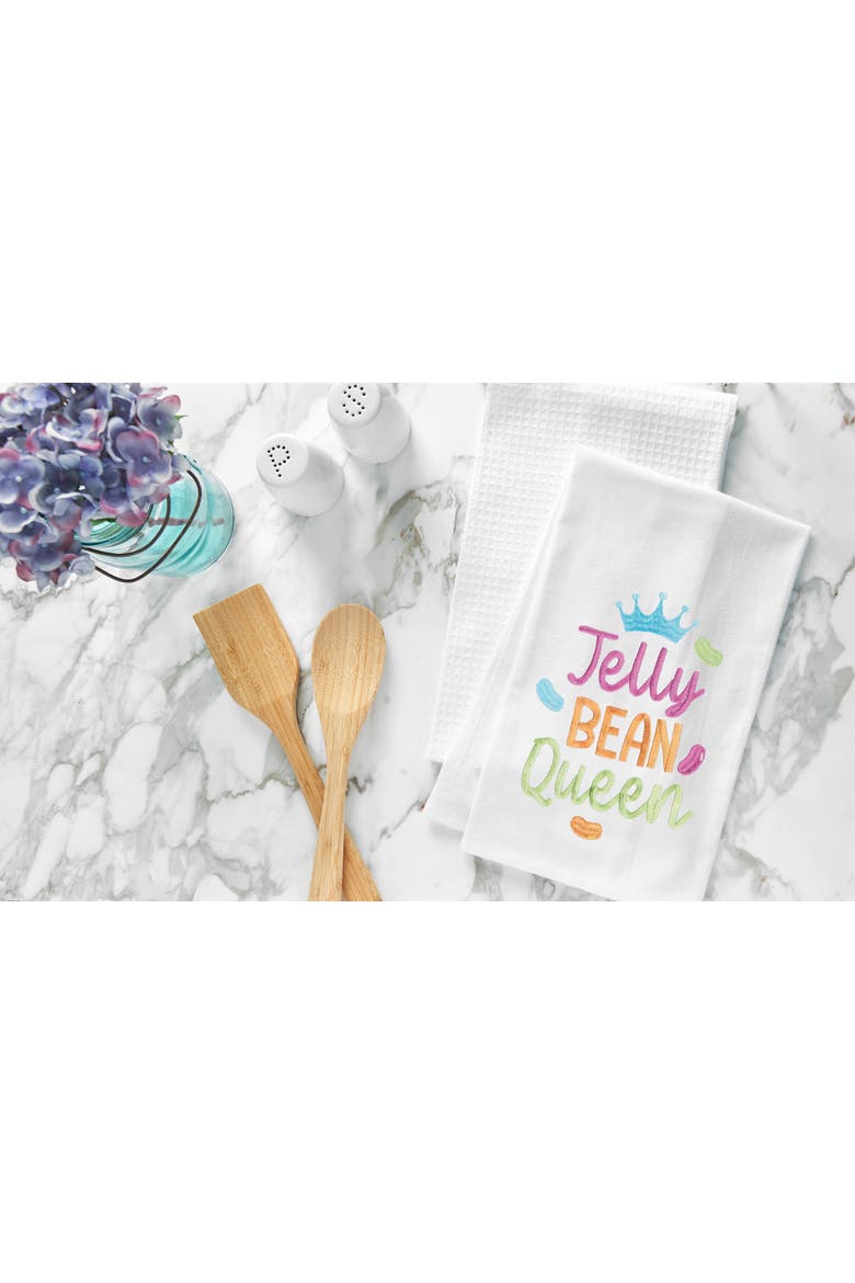 "Jelly Bean Queen" Easter Spring Funny Cute Pun Embroidered Cotton Flour Sack Kitchen Dishtowel, Alternate, color, White