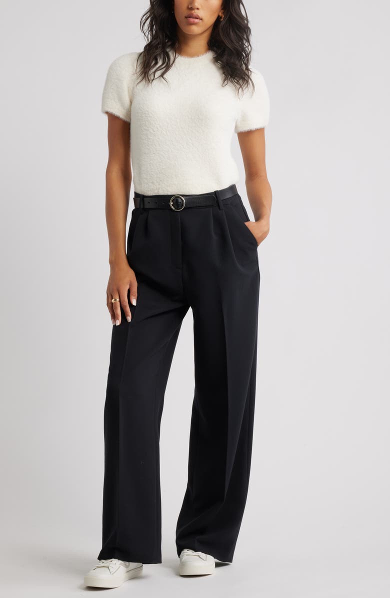 Open Edit Fuzzy Short Sleeve Sweater, Alternate, color, White Whisper