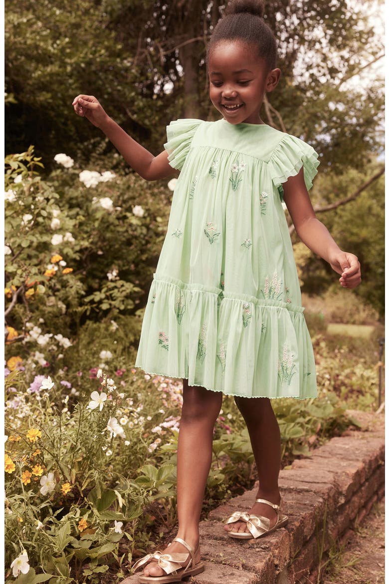 Kids' Floral Embroidered Ruffle Mesh Dress, Alternate, color, SAGE GREEN