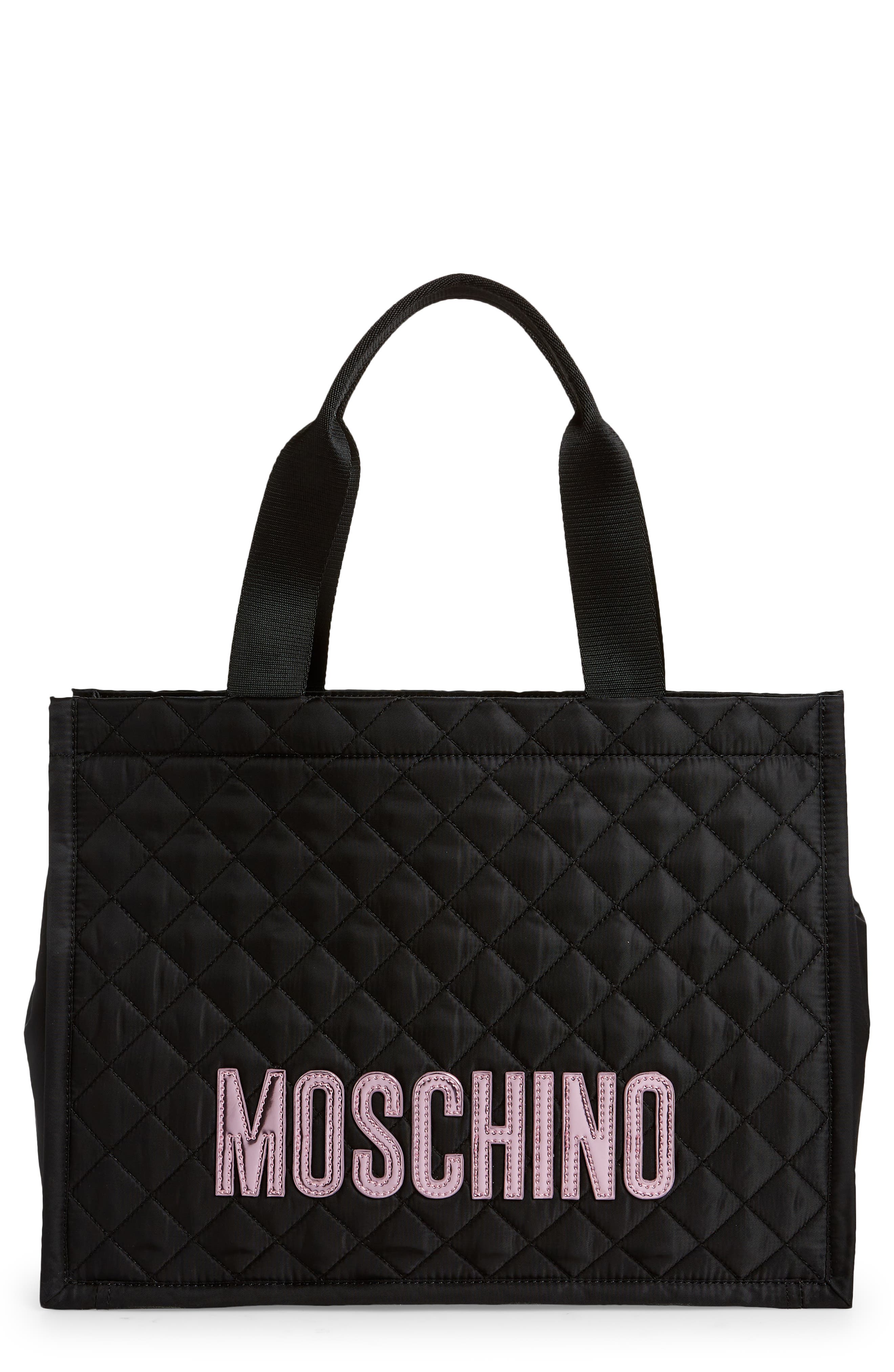 Moschino Logo Quilted Nylon Tote, Main, color, 