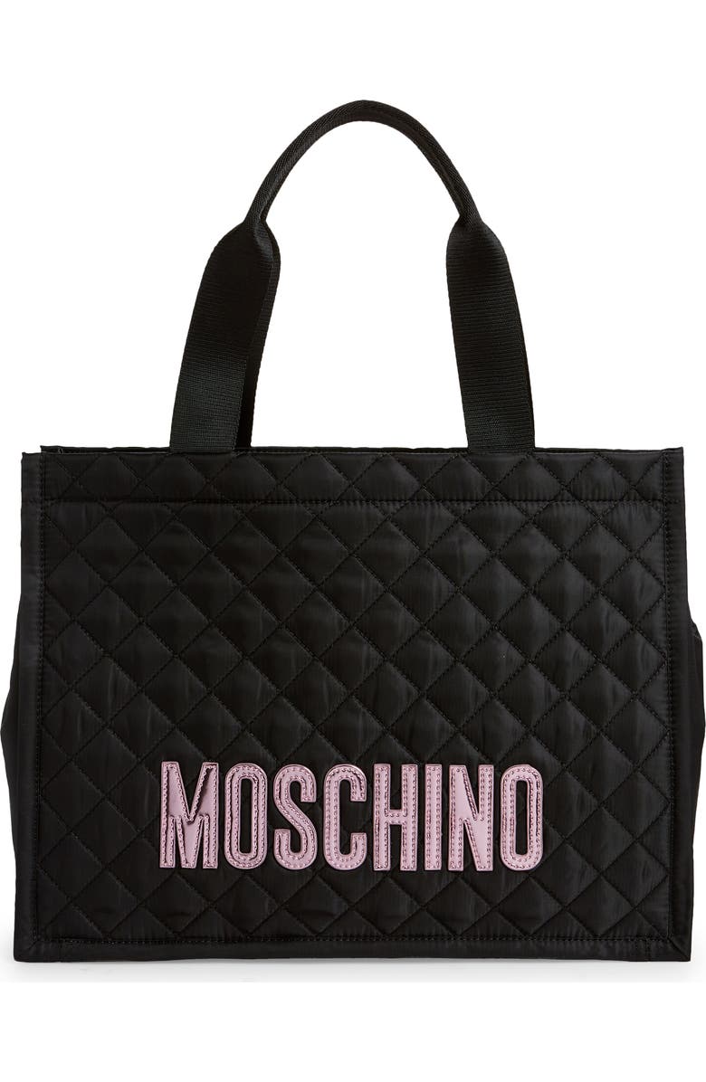 Moschino Logo Quilted Nylon Tote, Main, color,