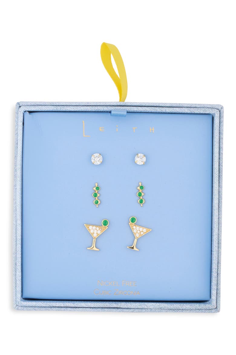 Set of 3 Cubic Zirconia Martini Stud Earrings, Main, color, CLEAR- GREEN- GOLD