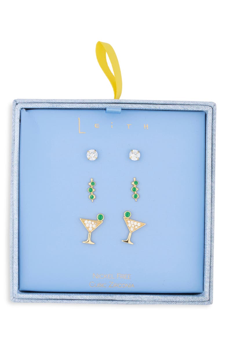 Leith Set of 3 Cubic Zirconia Martini Stud Earrings, Main, color, Clear- Green- Gold